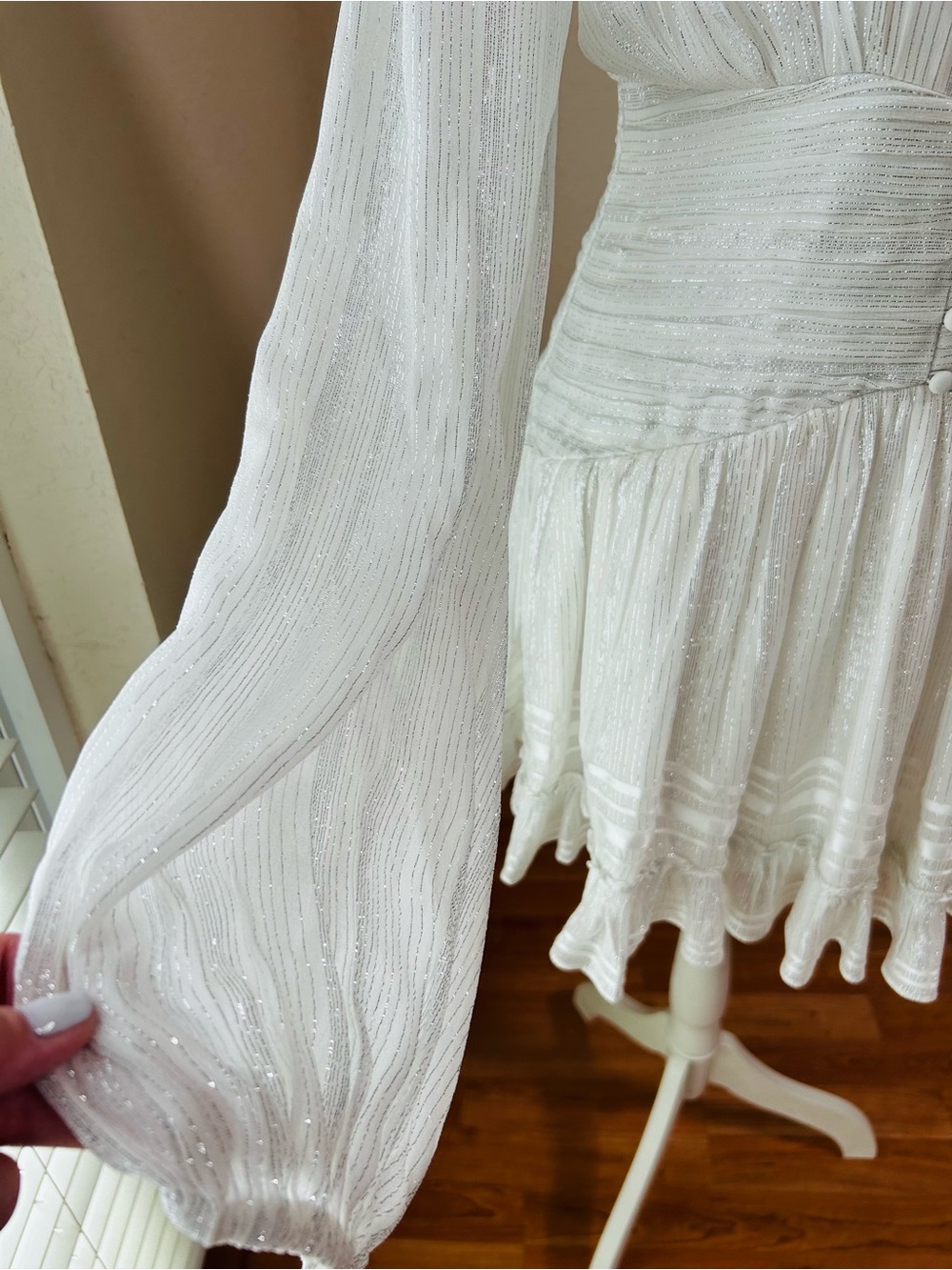 Rococo Sand True Mini dress in white w/ silver Long sleeve. Size Small - Picture 8 of 14